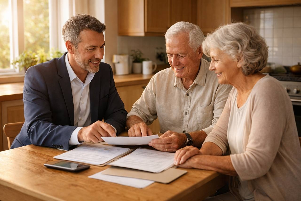 Advisor meeting with senior couple to explain the loan process