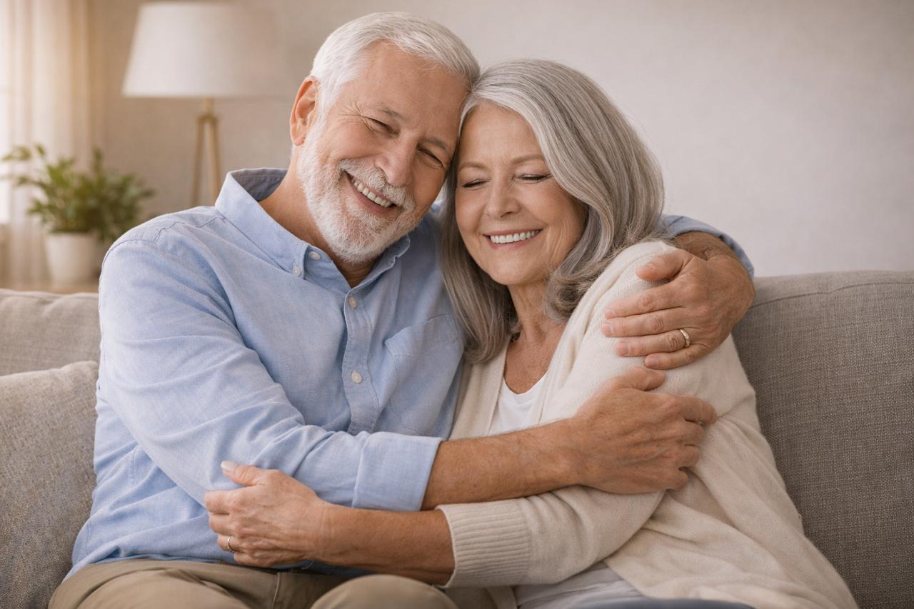 Couple embracing in warm golden light